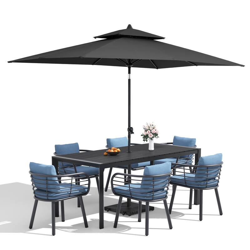 9/11-Piece Outdoor Dining Set w/10 ft Umbrella and Base Aluminum Dining Table and Chairs with Sunbrella Cushions