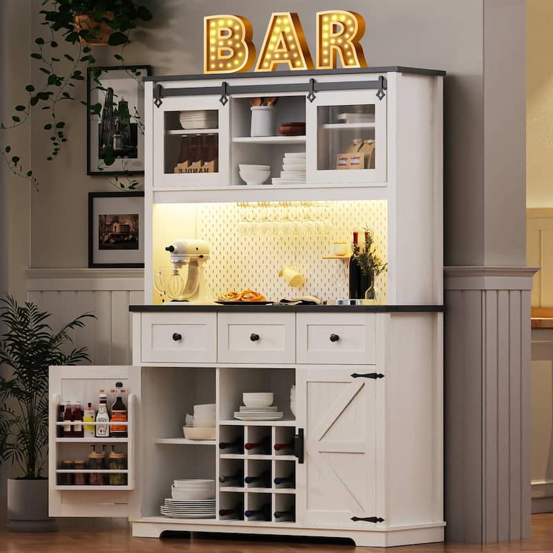 71" Kitchen Cabinet with Hutch,Sliding Door,Power Outlet,Pegboard,Wine & Glasses Rack,3 Drawers