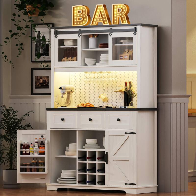 71" Rustic Pantry Cabinet Bar Storage Cabinet with Hutch, Sliding Door, 3 Drawers, Wine & Glass Rack, Pegboard, Power Outlet