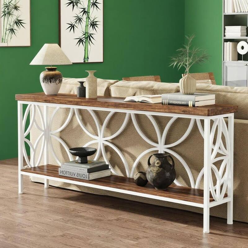 70.9” Industrial Console Table with 2-Tier Shelves Behind Sofa or Entryway Table with Metal Frame & Adjustable Feet