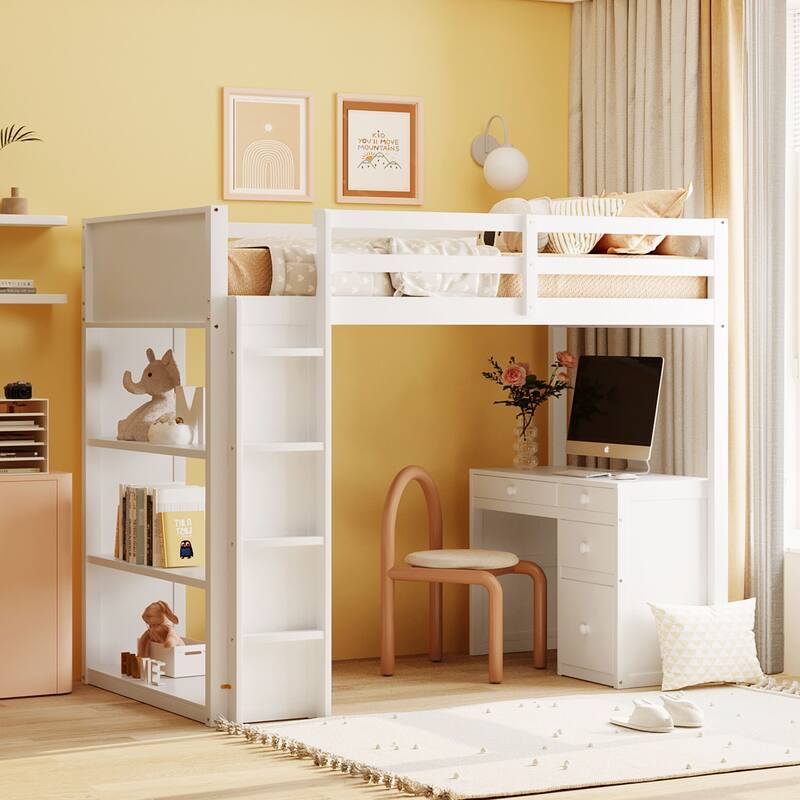 Space-Saving Twin Loft Bed with Ladder, Shelves, and Desk in White - Gray