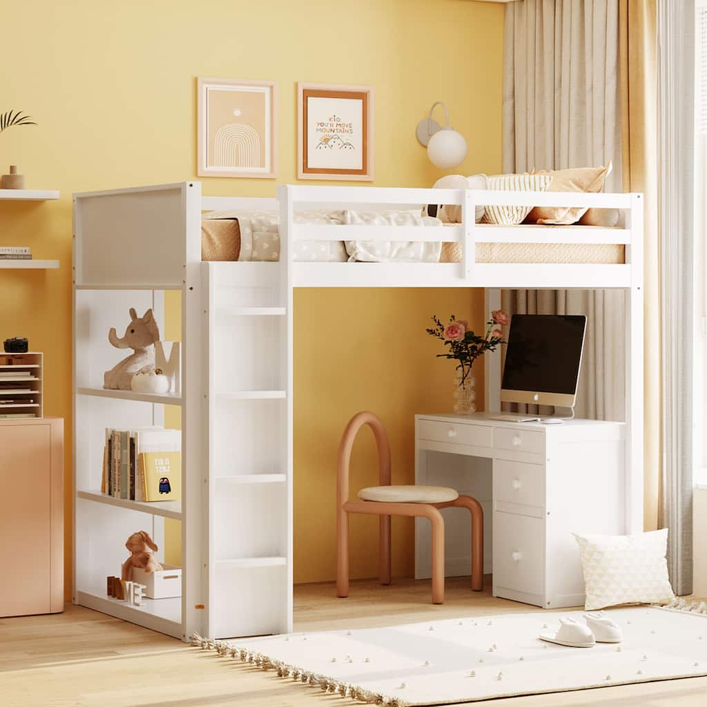 Space-Saving Twin Loft Bed with Ladder, Shelves, and Desk in White