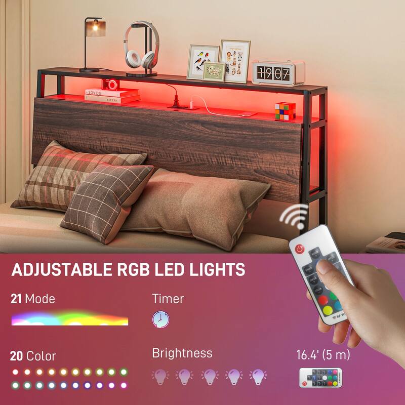 Full Size LED Bed Frame with Charging Station, Storage Shelf, and Noise-Free Steel Slats, Easy Assembly, No Box Spring Needed