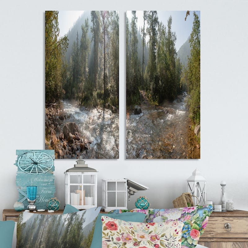 Designart "Mountain River Panorama" Landscape Canvas Wall Art Print 2 Piece Set - 16" W x 32" H x 1" D x 2 Pieces