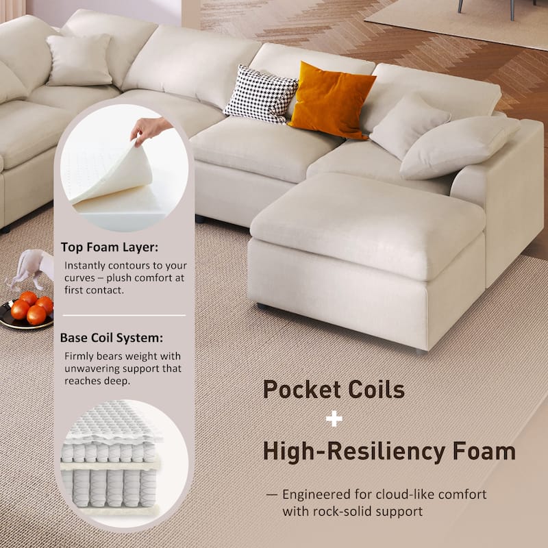 Roomfitters 124.8" 7-Seater Modular Sectional Sofa, Large Modern L-Shaped Upholstered Couch with Ottoman for Living Room, Beige