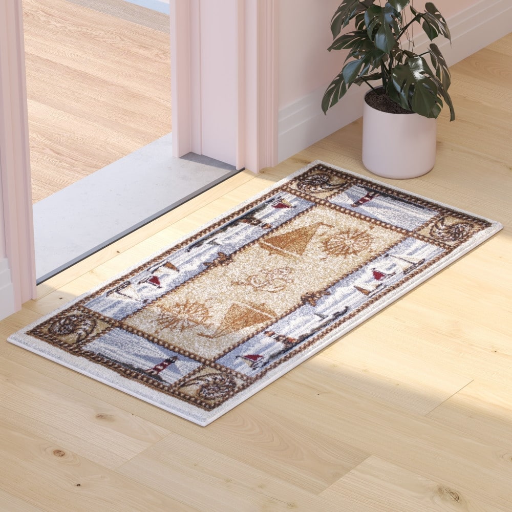 Nautical Themed Multipurpose Olefin Area Rug for Indoor Use