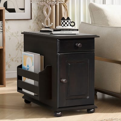 Vintage End Table Flip Top Side Table with USB Ports,One Multifunctional Drawer with cup holders,Sofa Couch Table with Bookshelf
