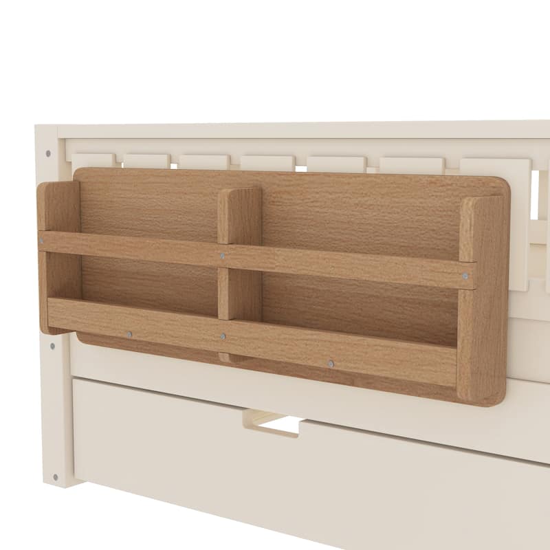 Full/Twin Size Wood Bed with Built-in Bookshelves and Storage Staircase, Safety Rails and Trundle Bed