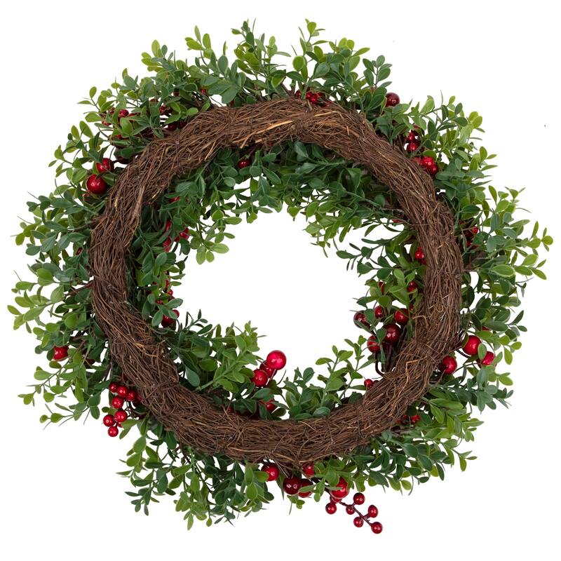 Red Berry and Boxwood Artificial Christmas Wreath - 20" - Unlit