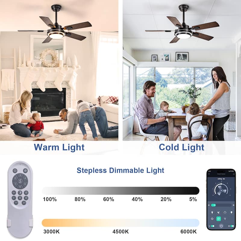 42-52Inch Ceiling Fan with Light: with 5 Blades Dual Finish Reversible - with Remote Control for Living Room Outdoor Patios