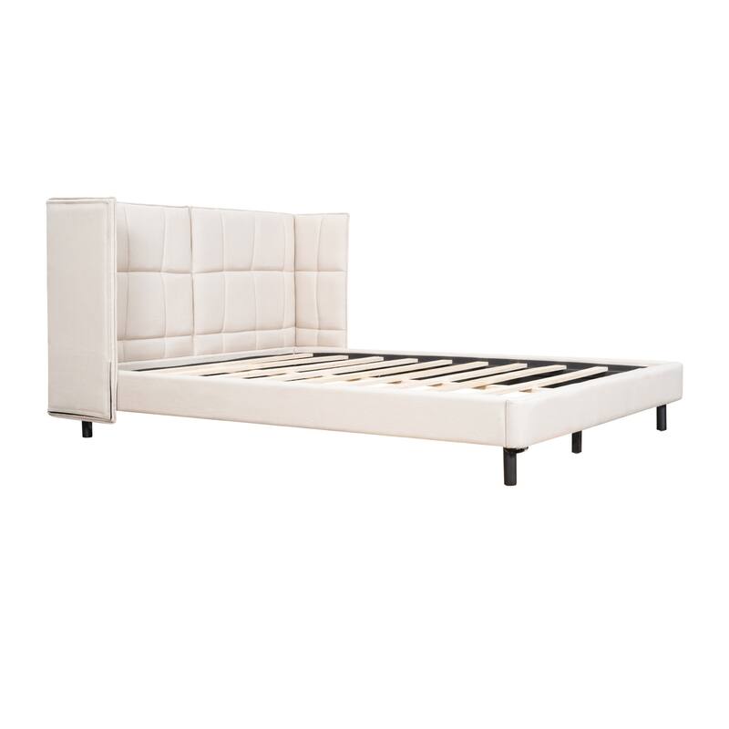 HomeRoots Beige Tufted Upholstered Queen Bed Frame With LED Lighting And USB