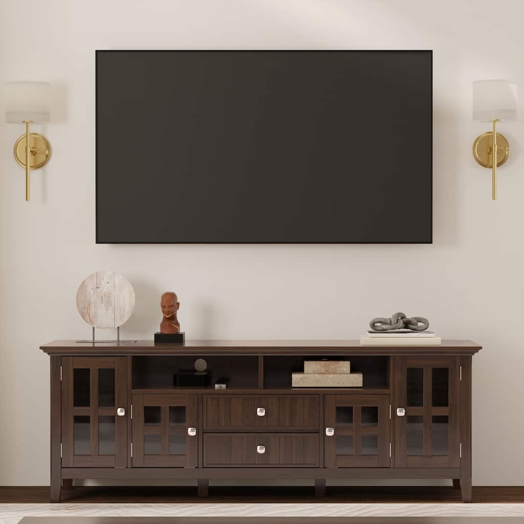 WYNDENHALL Normandy SOLID WOOD 72 inch Wide Transitional TV Media Stand in Brunette Brown For TVs up to 80 inches