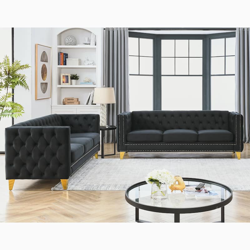 Homy Casa Velvet Sofa, Button Tufted Couch with Golden Metal Legs