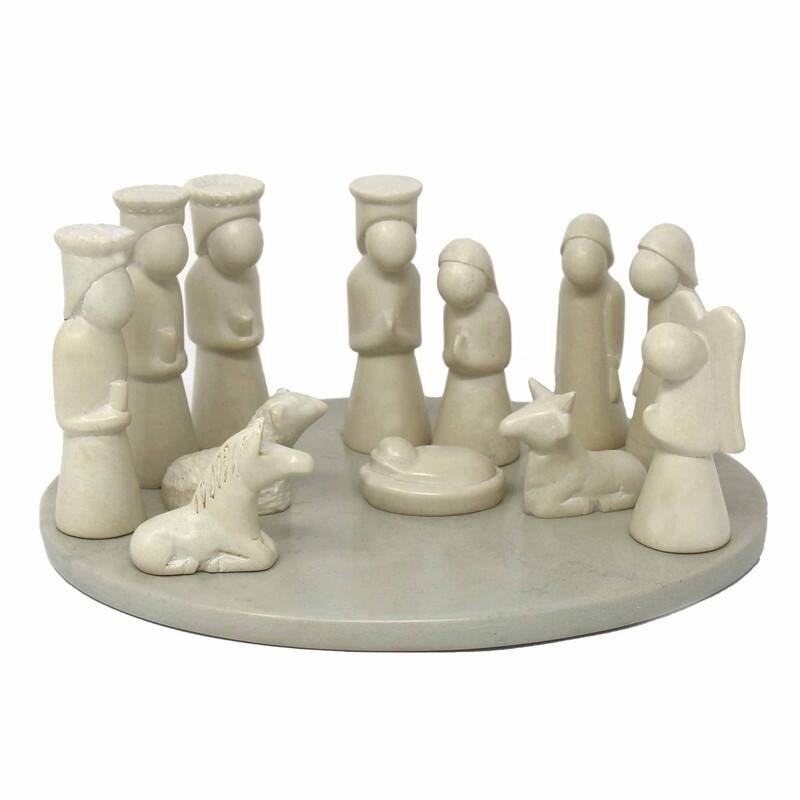Handmade Nativity Soapstone Sculpture, 13-Piece Set (including Display Board)