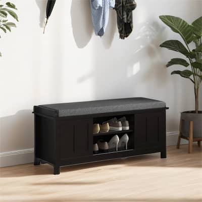 Entryway Shoe Bench with Sliding Doors, 6 Compartments, Padded Seat