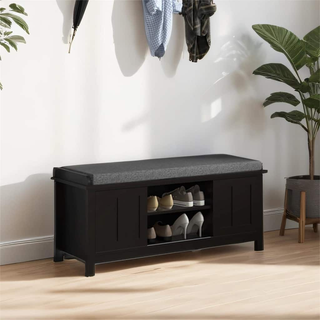 Entryway Shoe Bench with Sliding Doors, 6 Compartments, Padded Seat