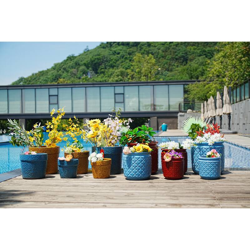 Ceramic Flowerpot - 3pc Set, Sleek Striped Design, Drainage Hole, Frost Heat Weather Resistant, for Patio Garden Windowsill - Antique Blue