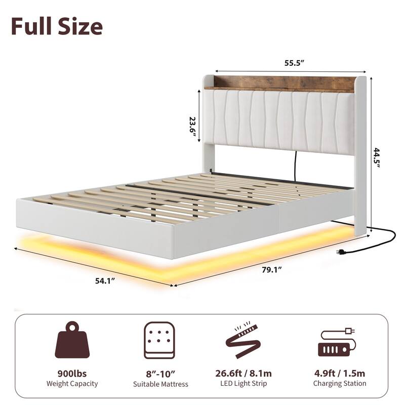 Floating Bed Frame Full with LED Lights & USB Charging Station – Modern Upholstered Platform Bed with Headboard