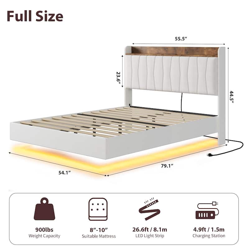 Full/Queen/King Floating Bed Frame with LED Lights & Charging Station, Upholstered Platform Bed with Storage Headboard