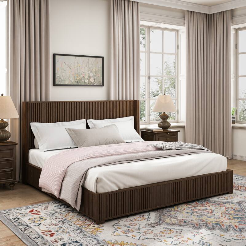 GDFStudio - Modern Solid Wood Low-Profile Platform Bed Frame with Fluted Headboard, Heavy-Duty Support & No Box Spring Needed