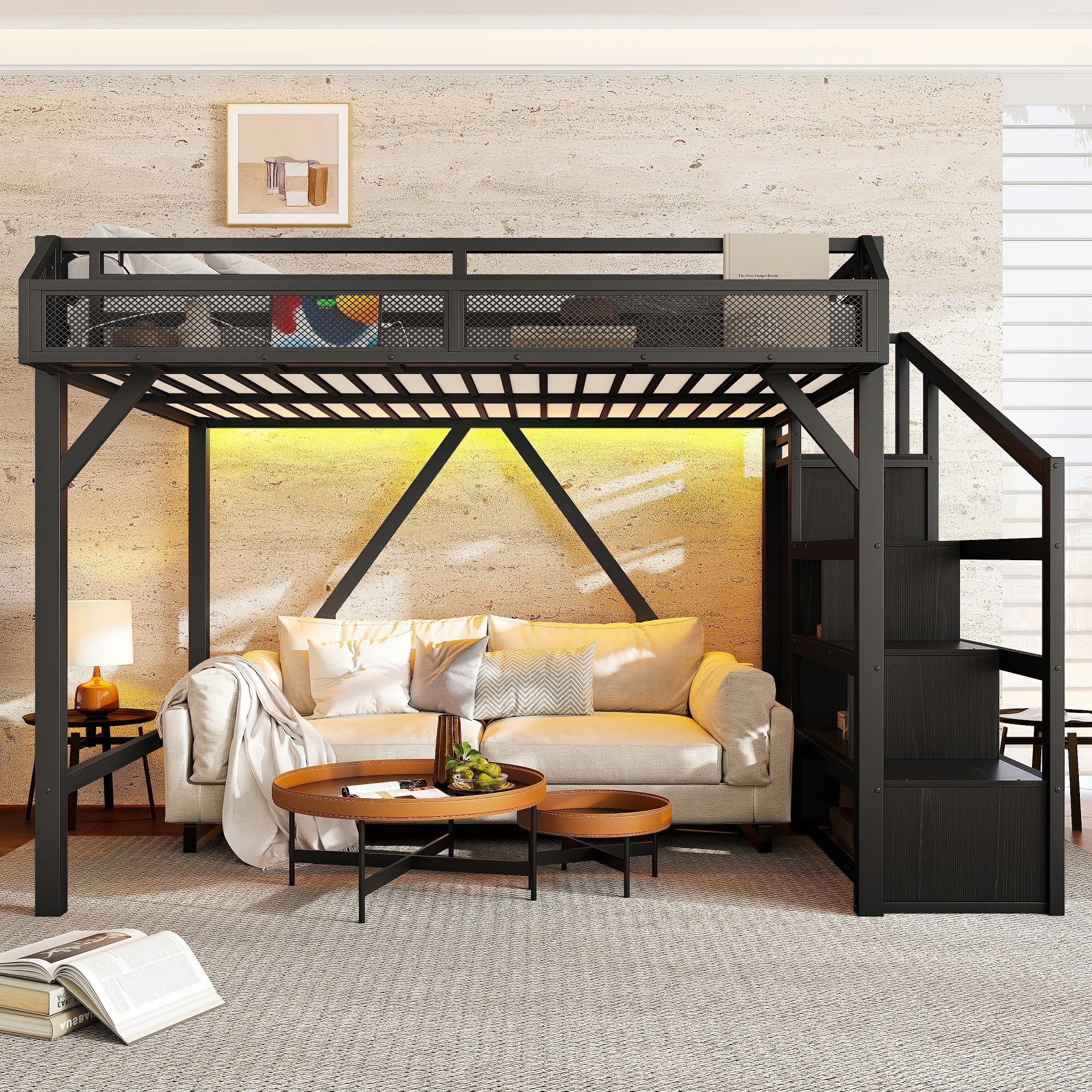 Full Loft Bed with Storage Stairs, Shelves and Built-in Wardrobe, Metal Loft Bed Frame with USB Ports and LED Lights