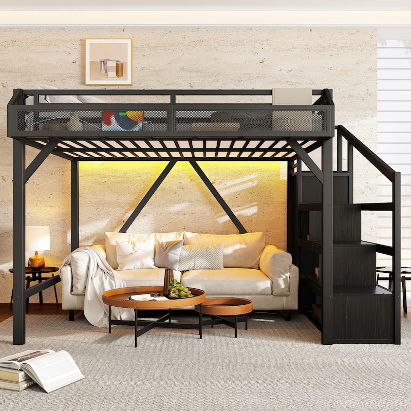 Full Loft Bed with Storage Stairs, Shelves and Built-in Wardrobe, Metal Loft Bed Frame with USB Ports and LED Lights - Black Woodgrain