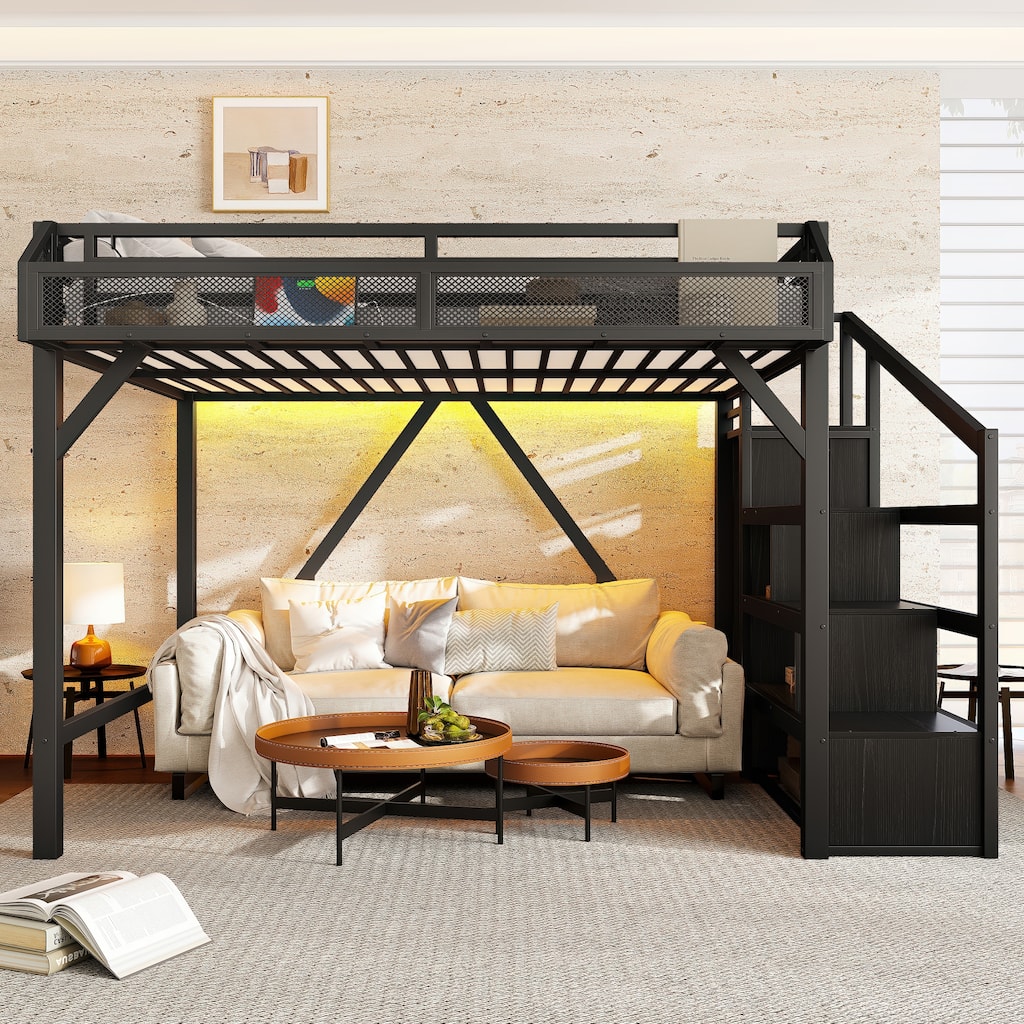 Full Loft Bed with Storage Stairs, Shelves and Built-in Wardrobe, Metal Loft Bed Frame with USB Ports and LED Lights