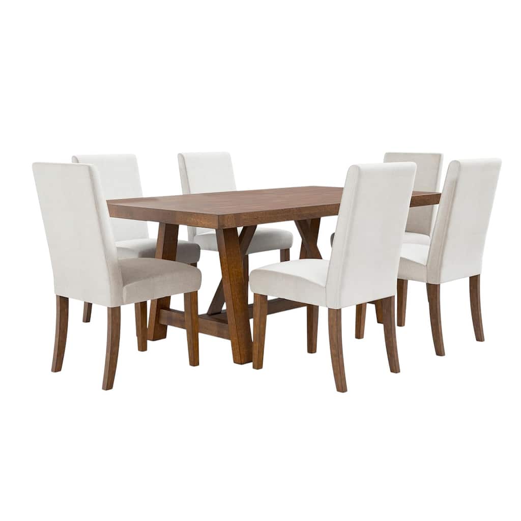 7 Piece Wooden Dining Set with Upholstered Seat in Brown and White