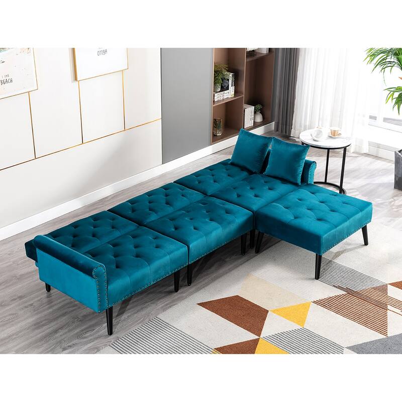 Convertible Velvet Sofa Couch, Sectional Sofa with Ottoman, Mid-Century Futon Sofa Bed - 32"D x 100.7"W x 29.9"H