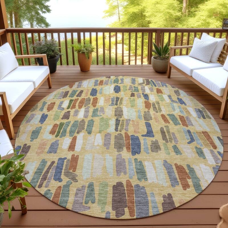 Machine Washable Indoor/ Outdoor Modern Mosaic Chantille Rug - Gold - 8' x 8'
