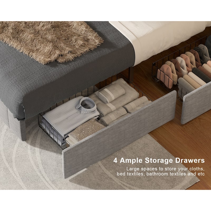 Full/ Queen Platform Bed Frame with 4 Storage Drawers Adjustable