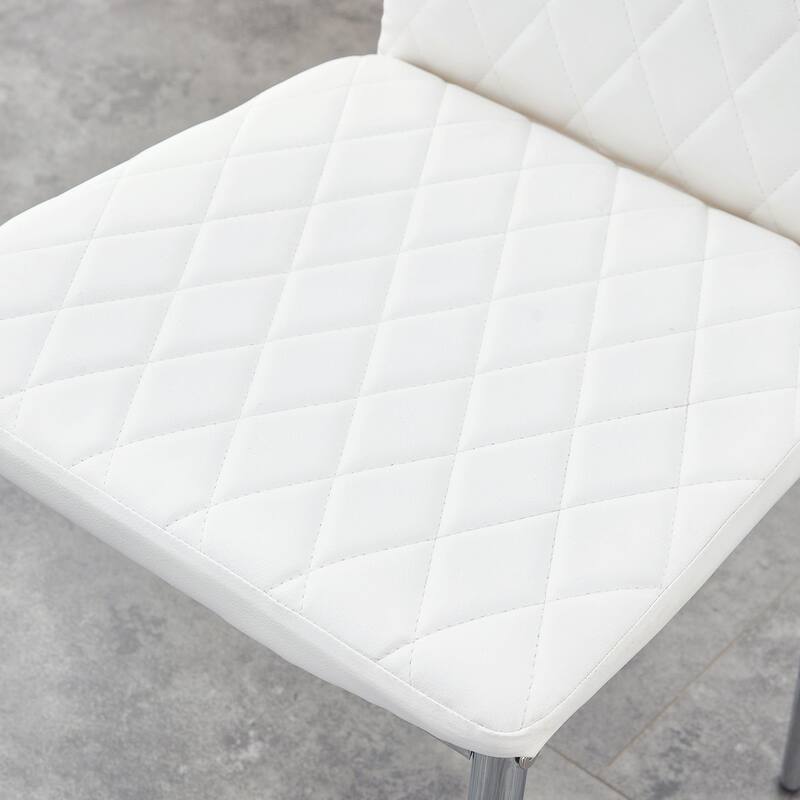 7-Piece Wood Dining Table Set with Spliced Tabletop & Marble Patterned Table Legs, Diamond Shaped Backres, Non-Slip Mat White