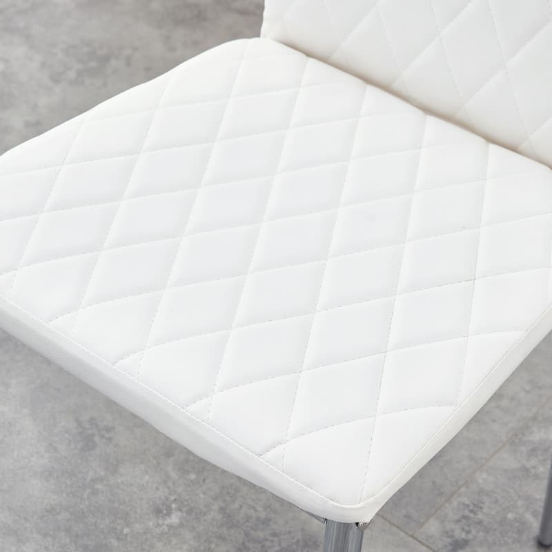Modern White PU Dining Chairs Set of 4 - Diamond Quilted High Back Design with Silver Chrome Metal Legs