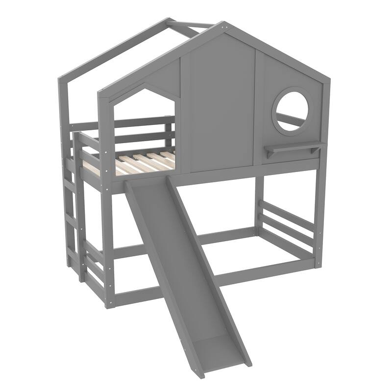Playful House Bed Kids Twin Over Twin Bunk Bed with Shelf and Slide