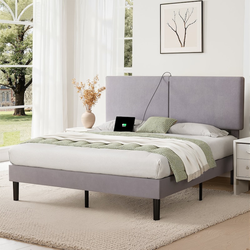 Javlergo Upholstered Platform Bed Frame with 2 USB Charging Station & Adjustable Headboard No Box Spring Needed