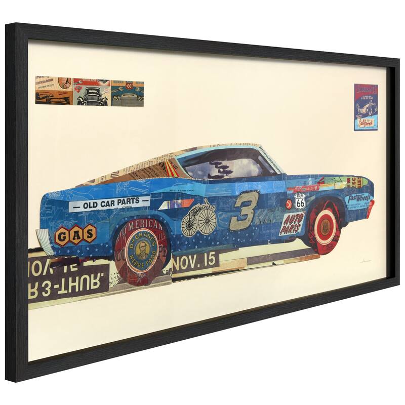 "Muscle Blue Car" Dimensional Collage Framed Graphic Glass Wall Art
