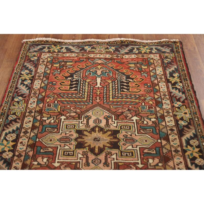 Geometric Handmade Heriz Persian Vintage Runner Rug - 3'5"x 10'7"