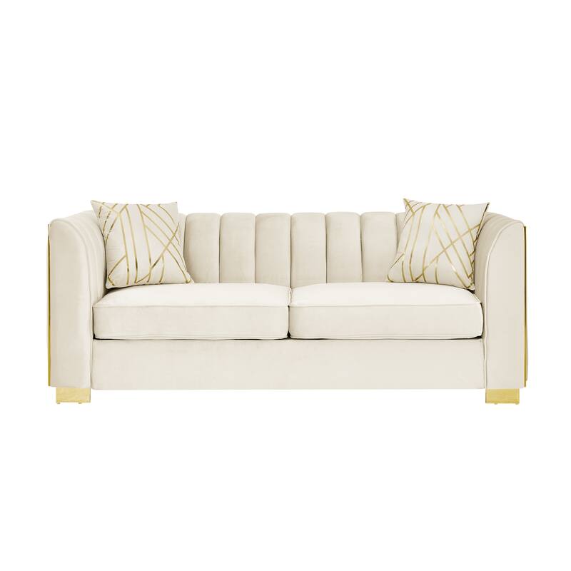 Velvet Chesterfield 3 Seater Sofa, Button Tufted Upholstered Sofa, Lounge Sofa with Stainless Steel Accents & Metal Legs