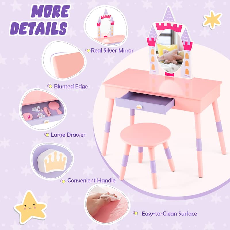 Kids Vanity Set Princess Makeup Pretend Play Dressing Mirror Pink