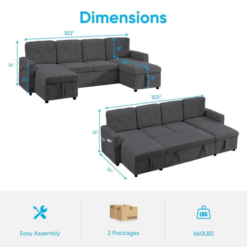 W103" Corduroy 4-Seater Modular Sleeper Sofa Bed with Storage Chaise,U-shaped Sofa with Pull-out Bed