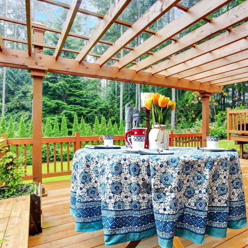 Cotton Springtime Splendor Tablecloth Collection, Ice Blue - 72-in Round