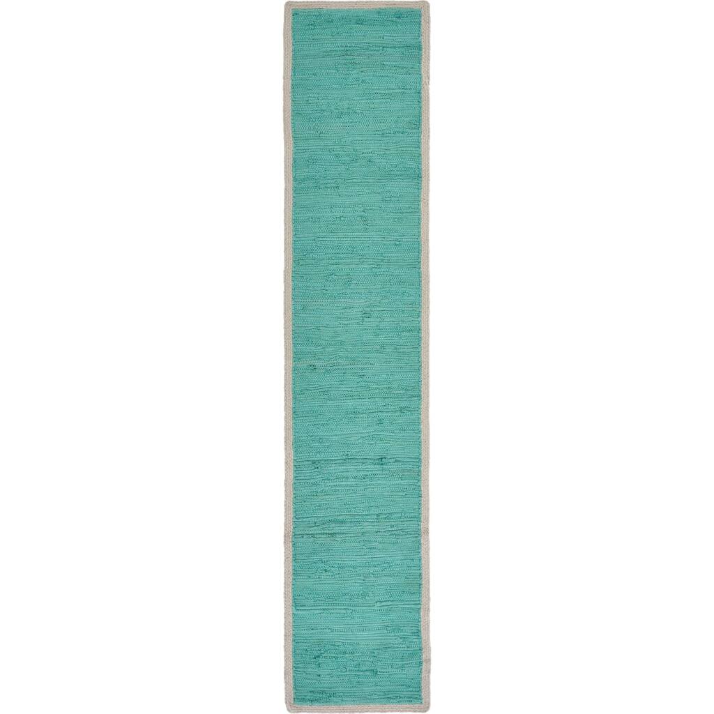 80" Turquoise and Cream Hand Woven Bordered Rectangular Table Runner