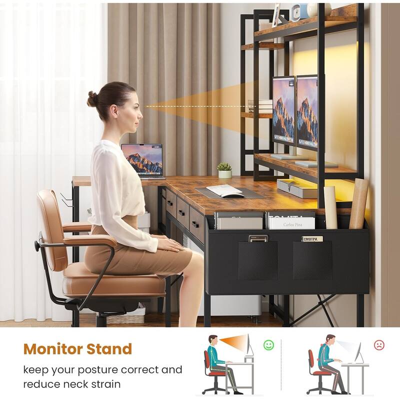 55" L Shaped Gaming Desk Corner Computer Desk Fabric Drawers