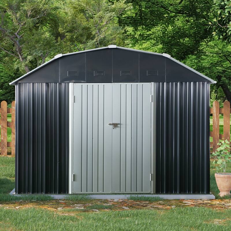 Metal Garden Shed Storage Shed with Lockable Double Doors & Arch Roof Tool Shed, Weather-Resistant Sloped Roof - Black