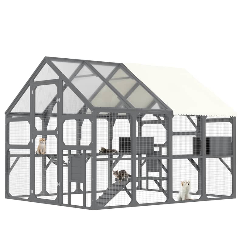 Anmytek Large Outdoor Cat Enclosure Wooden House with 7 Platforms