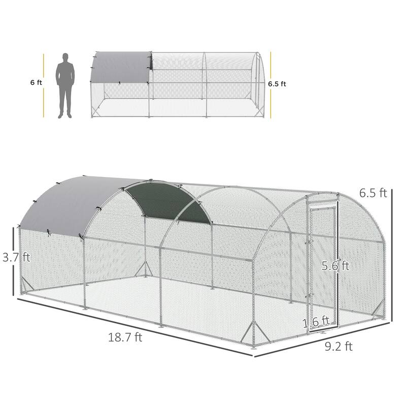 Silver Galvanized Steel Chicken Coop with Powder-Coated Mesh and Lockable Door Large Outdoor Run