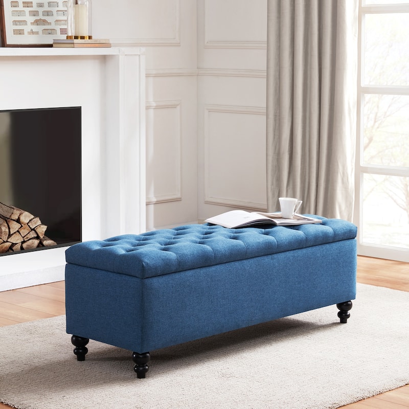 Button-Tufted Storage Bench Ottoman with Solid Wood Legs for Bedroom 50"W x 17.5"D x 18"H - Blue