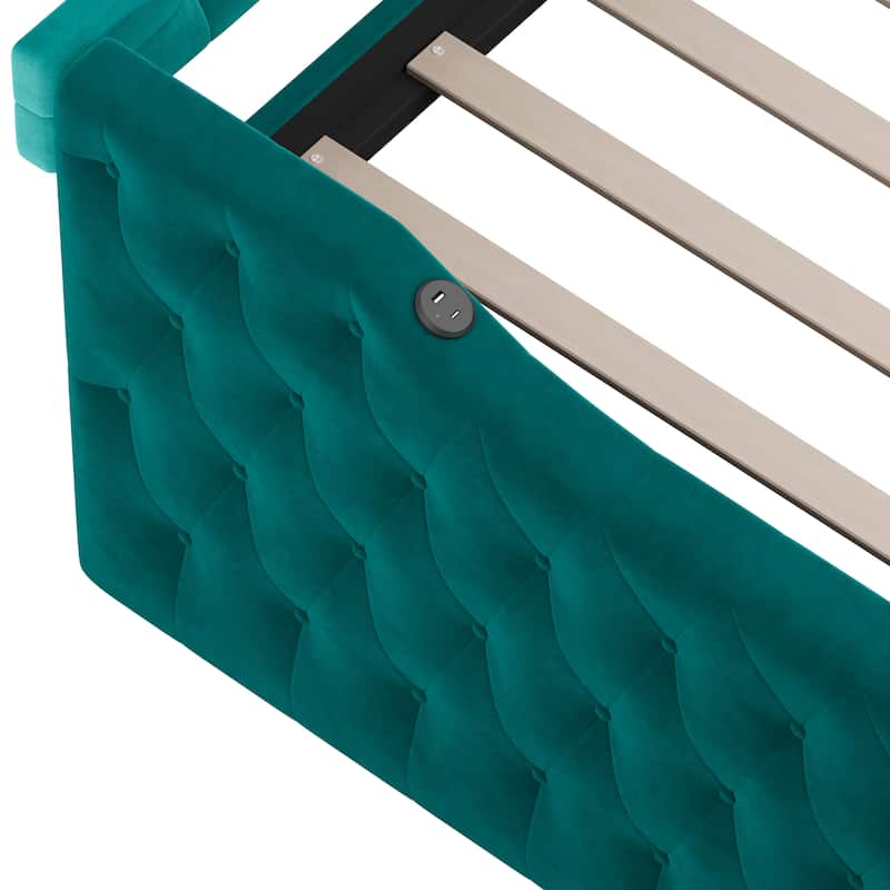 Tufted Upholstered Frame Daybed Velvet Sofa Bed with USB and Type-C Charging Ports, Twin Platform Low Profile Bed with Trundle