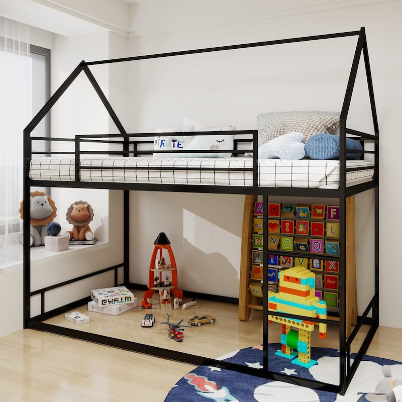 Metal Twin over Twin Bunk Bed Frame with House Roof Frame, Guardrail and Ladder, Lower Bunk Bed without Slats