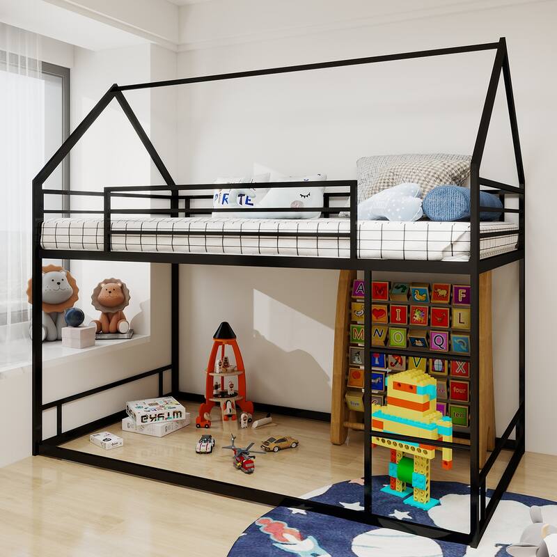 Roomfitters Metal Twin Over Twin House-Shaped Bunk Bed with Safety Guardrail, Heavy-Duty Noise-Free Frame, No Box Spring Needed